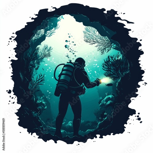 Scuba diver exploring underwater cave.