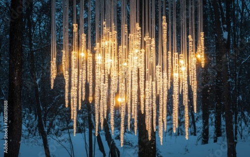 Crystal Icicle Chandelier: An elegant chandelier made of shimmering icicles, gently illuminated from within, hanging over a snow-covered forest background photo