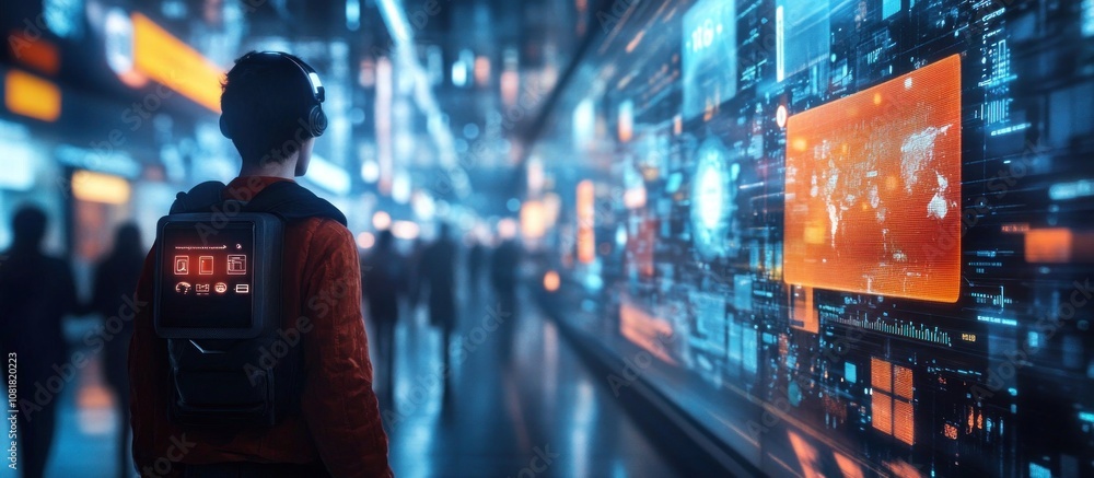A lone man wearing headphones and a backpack walks through a futuristic city with large digital screens displaying information. A lone man wearing headphones and a backpack walks through a futuristic city with large digital screens displaying information.