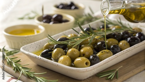 Green and black olives with rosemary and olive oil