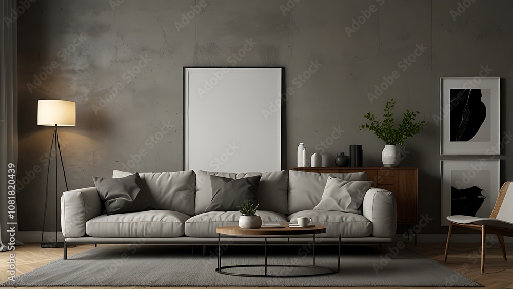 poster frame mock-up on modern living room interior. minimalist fucnitures poster frame mock-up on modern living room interior. minimalist fucnitures