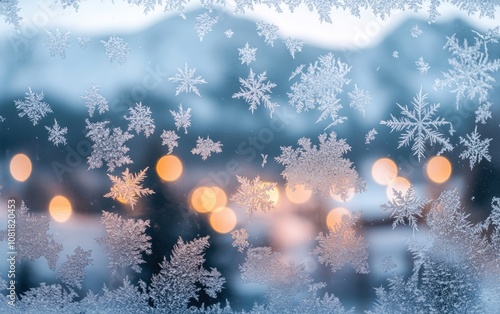 Frosted Window with Elegant Winter Scene Reflections: Close-up of a frosted window with a reflection of a snowy mountain landscape, softly glowing holiday lights visible in the background 