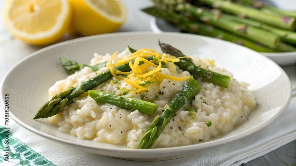 Asparagus risotto with lemon zest on plate Asparagus risotto with lemon zest on plate