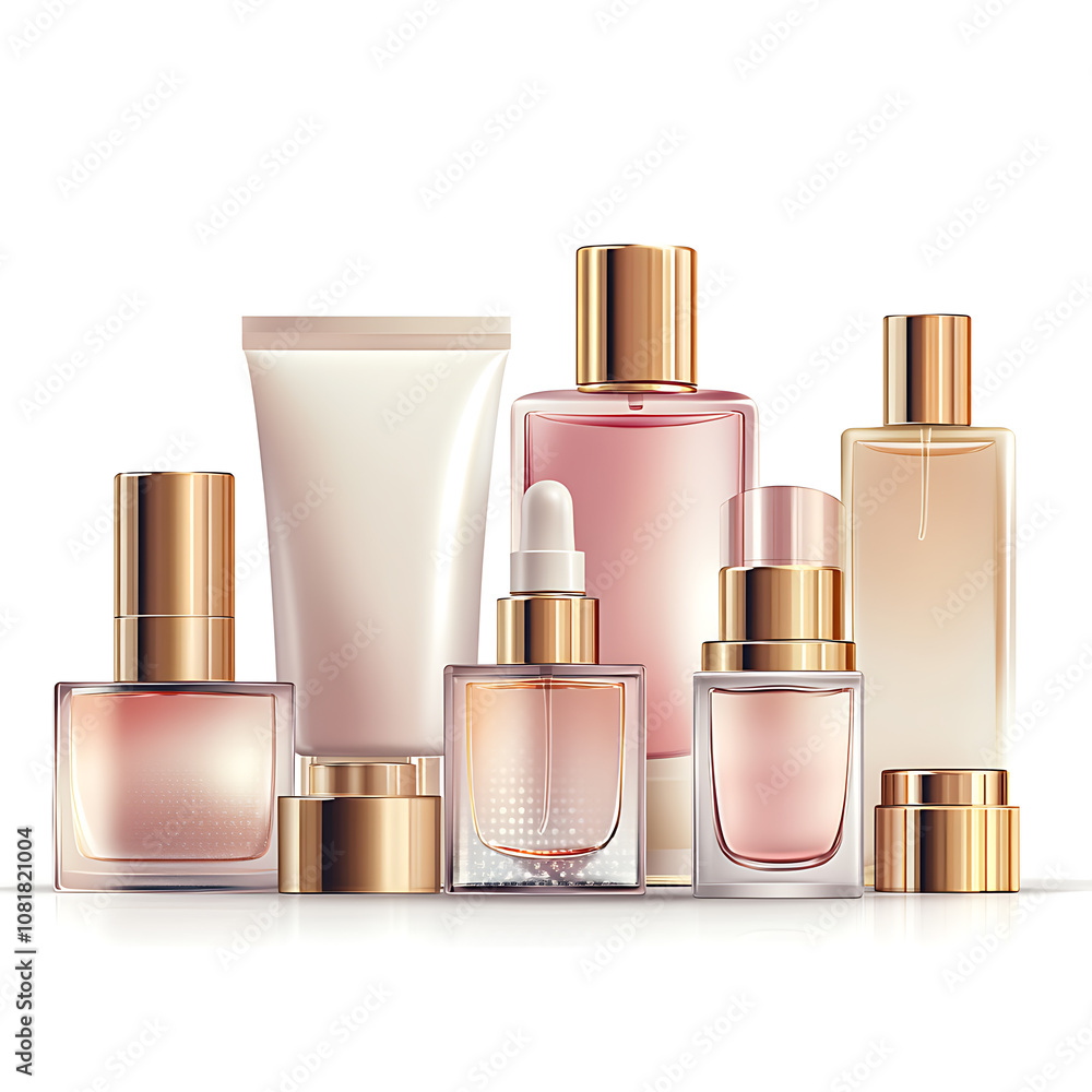 Elegant collection of luxury skincare and beauty products arranged aesthetically on a clean white background Elegant collection of luxury skincare and beauty products arranged aesthetically on a clean white background