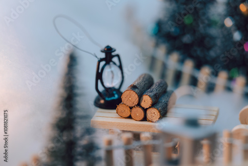 Winter Miniature Scene - Wooden Sled and Lantern in Snowy Setting photo