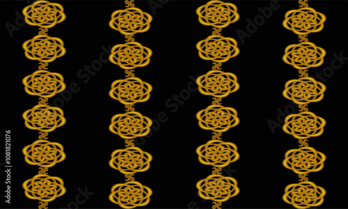 Yellow Gold drawing flower as repeat pattern on black background, vector, replete pattern image designed for fabric printing grid block, vertical strip, gold chain