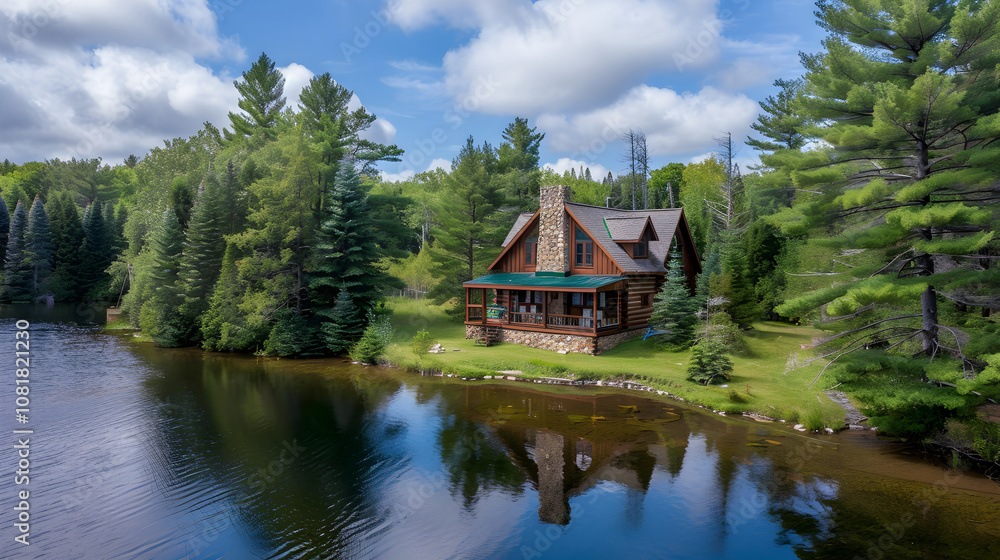 Quintessential Vacation Log Cabin Nestled Between Pristine Lake and Dense Pine Forest Quintessential Vacation Log Cabin Nestled Between Pristine Lake and Dense Pine Forest