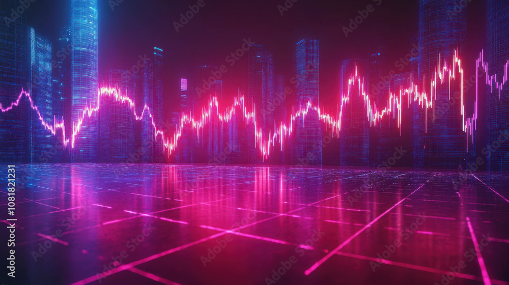 vibrant digital graph showcasing fluctuating prices in futuristic cityscape. neon colors create dynamic atmosphere, reflecting energy of modern finance vibrant digital graph showcasing fluctuating prices in futuristic cityscape. neon colors create dynamic atmosphere, reflecting energy of modern finance
