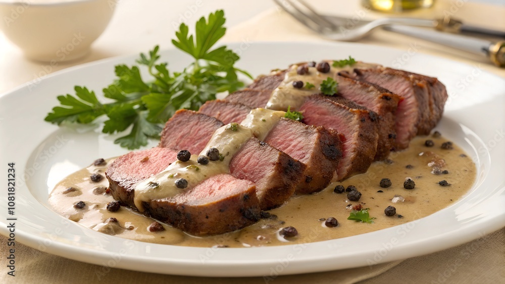 Sliced Peppercorn Steak with Parsley Garnish Sliced Peppercorn Steak with Parsley Garnish
