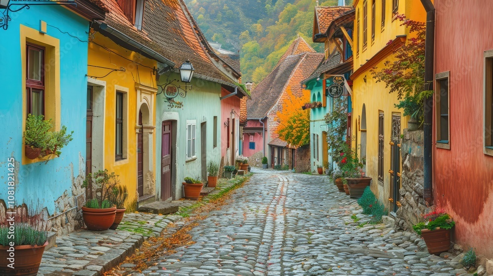Fototapeta premium Ancient European town with cobblestone streets and vibrant houses