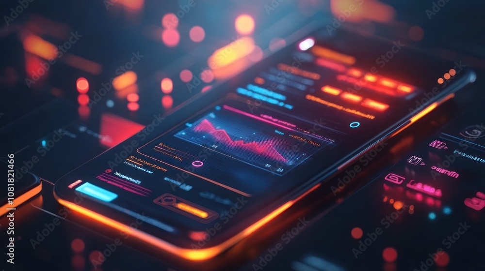 Obraz premium A smartphone displaying a futuristic interface with a graph and data points.