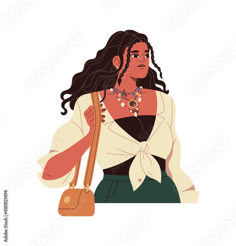 Happy girl wearing fashion outfit walks. Stylish young woman carries trendy shoulder bag. Cute female with jewelry accessories, necklaces. Flat isolated vector illustration on white background