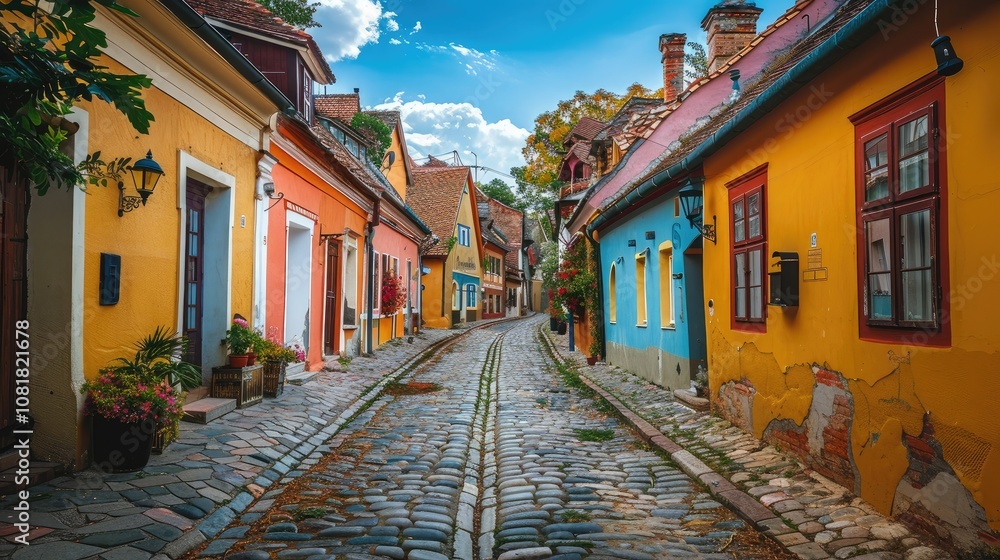 Fototapeta premium Ancient European town with cobblestone streets and vibrant houses