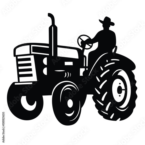 A man is driving a tractor. The tractor is black and white. The man is wearing a hat