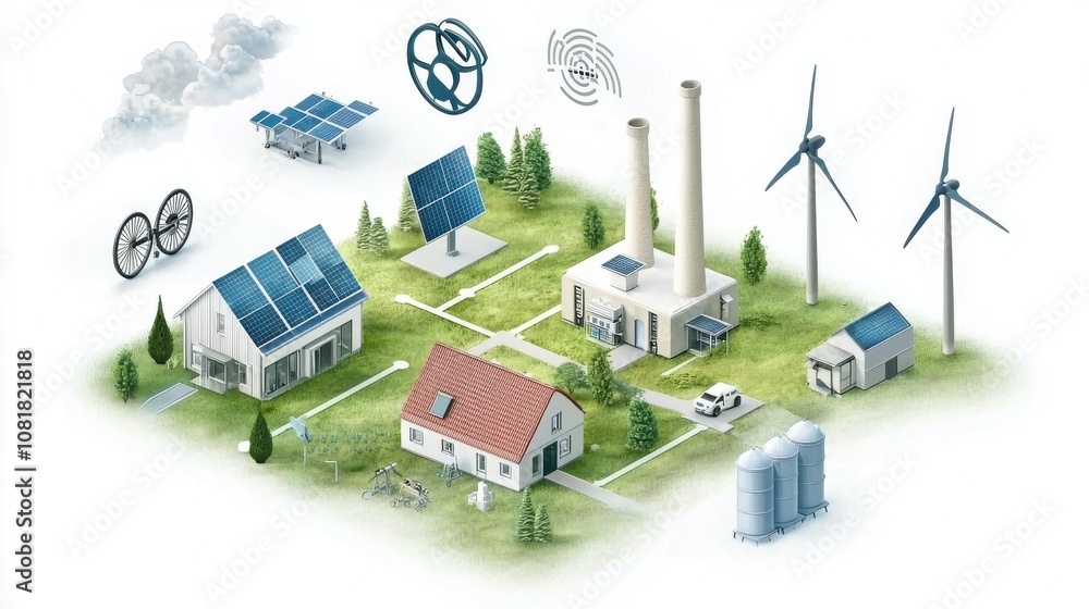 Obraz premium Innovative energy solutions for sustainable living urban environment infographic green technology aerial view future concepts