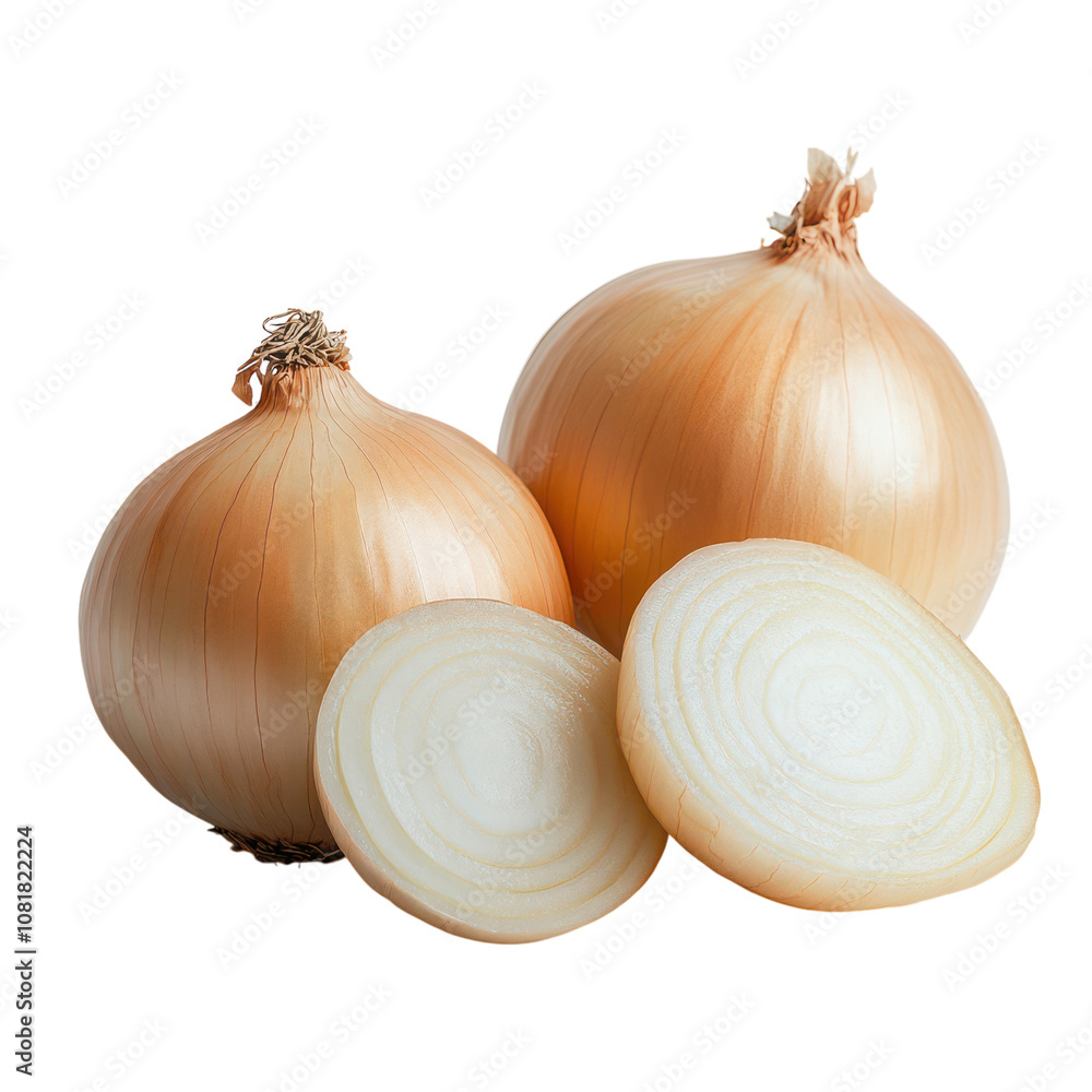 Fototapeta premium Fresh golden onions with sliced rings, raw onion bulbs, realistic vegetable food ingredient for cooking and recipes isolated PNG with Transparent Background