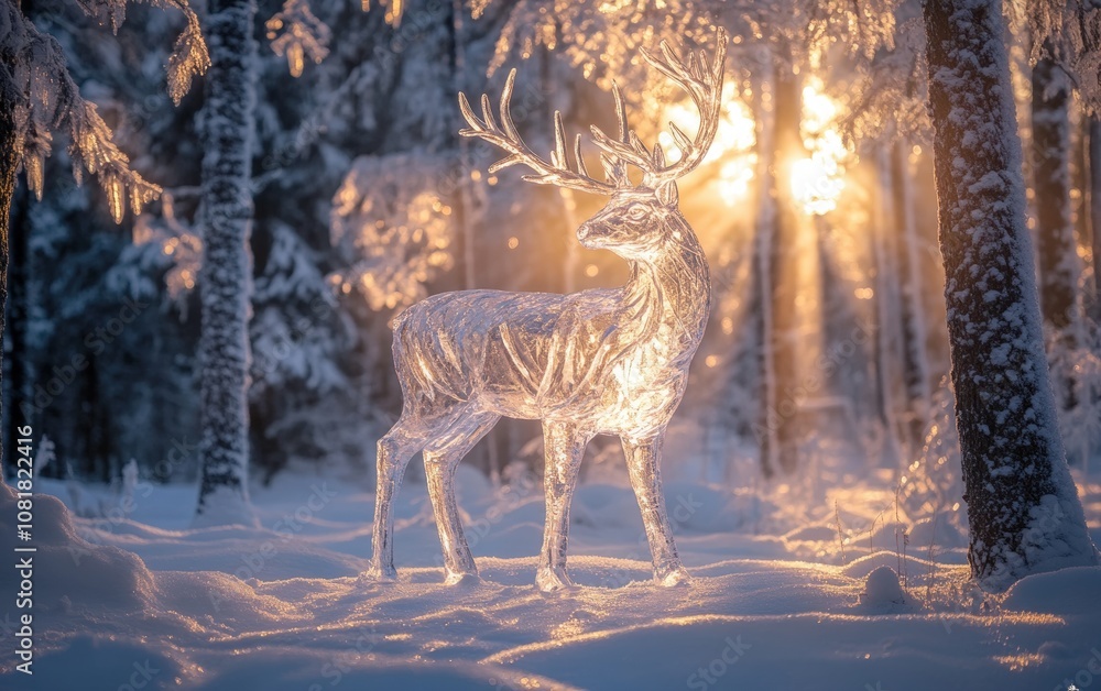 Intricate Ice Sculpture of Deer in Forest: A detailed ice sculpture of a deer standing in a snowy forest, with sunlight glistening through the ice, creating a magical effect Intricate Ice Sculpture of Deer in Forest: A detailed ice sculpture of a deer standing in a snowy forest, with sunlight glistening through the ice, creating a magical effect