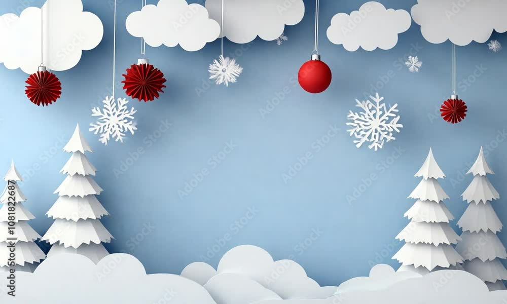 Merry Christmas Paper Cutting Card. Small Tiny Red House with Fir Trees and White Snow, Textured background