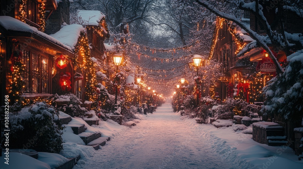 Obraz premium A snow-covered street lined with festive lights and decorated houses.