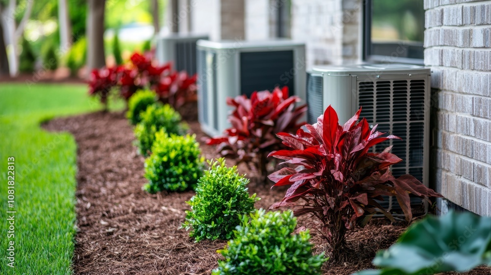 Naklejka premium A group of outdoor air conditioner units installed on the ground in the backyard of a building -