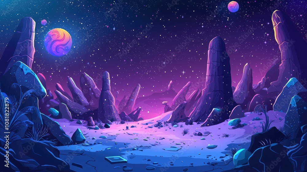 Obraz premium A Purple-Lit Alien Landscape with Tall Rock Formations and a Starry Sky