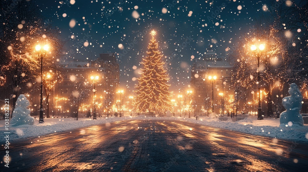 A snow-covered street with a Christmas tree and streetlights. A snow-covered street with a Christmas tree and streetlights.
