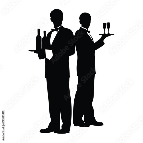 Two men in suits holding a tray with wine glasses and bottles. One of the men is wearing a tie