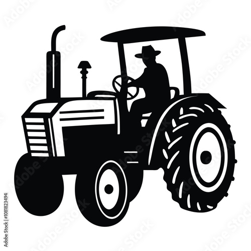 A man is driving a tractor. The tractor is black and white. The man is wearing a hat