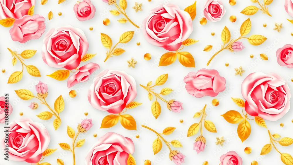 Delicate pink roses with gold leaves and accents, creating an elegant and joyful pattern on a transparent background. Delicate pink roses with gold leaves and accents, creating an elegant and joyful pattern on a transparent background.