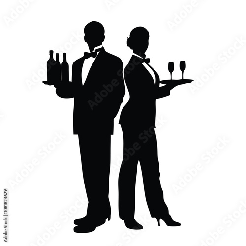 Two men in suits holding a tray with wine glasses and bottles. One of the men is wearing a tie