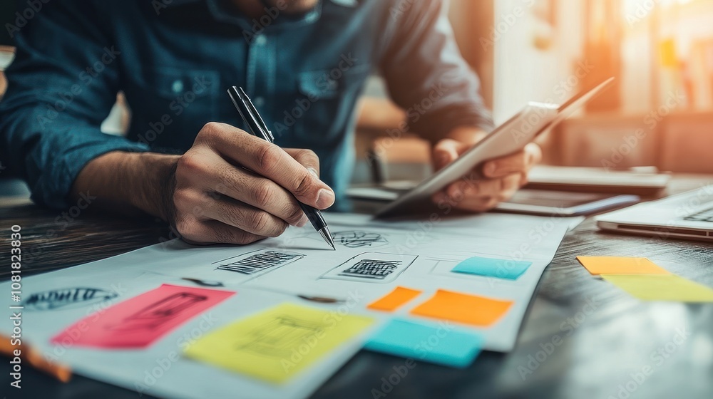 Person sketching UI design on paper with pen and colorful sticky notes Person sketching UI design on paper with pen and colorful sticky notes