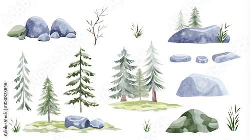 Pine trees, rocks and stones. Watercolor illustration set.