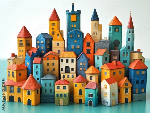 Colorful wooden houses arranged in a row. A charming miniature village scene for a fairytale or whimsical setting.