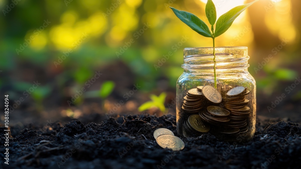 custom made wallpaper toronto digitalA jar filled with coins showcasing a green plant sprouting from the top, symbolizing growth and financial prosperity in nature.