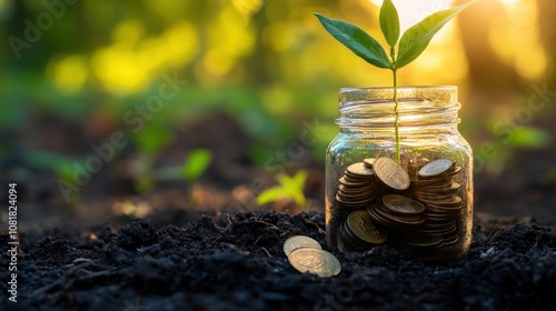 Wallpaper Mural A jar filled with coins showcasing a green plant sprouting from the top, symbolizing growth and financial prosperity in nature. Torontodigital.ca