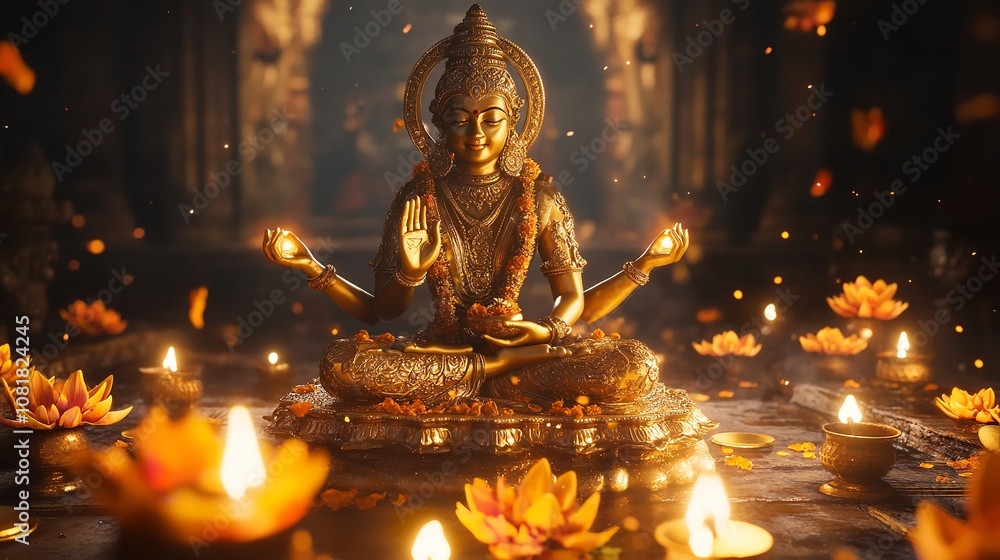Golden goddess lakshmi statue sitting on a lotus flower, surrounded by tealight candles, during a spiritual celebration Golden goddess lakshmi statue sitting on a lotus flower, surrounded by tealight candles, during a spiritual celebration