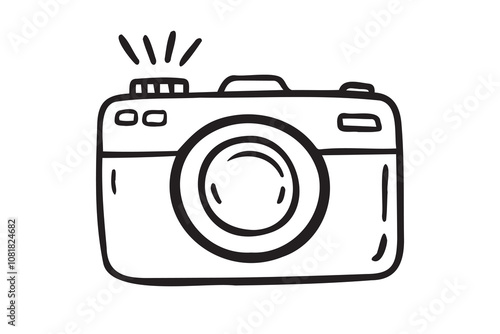 Camera hand drawn doodle isolated icon white background. Camera symbol outline drawn by hand.