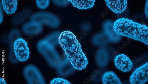 Bacteria exposure risk. A vivid close-up of blue bacteria against a dark background, showcasing their unique shapes and structures under a microscopic view.