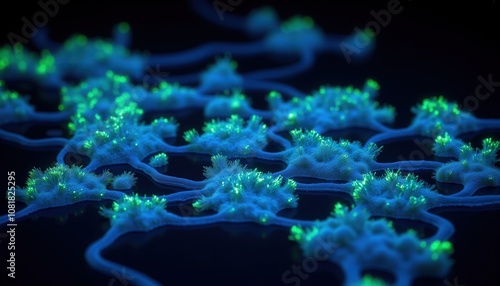 Bacteria exposure risk. A vibrant microscopic view of neural networks, showcasing luminous connections and synapses in a dark background, highlighting the complexity of brain activity.