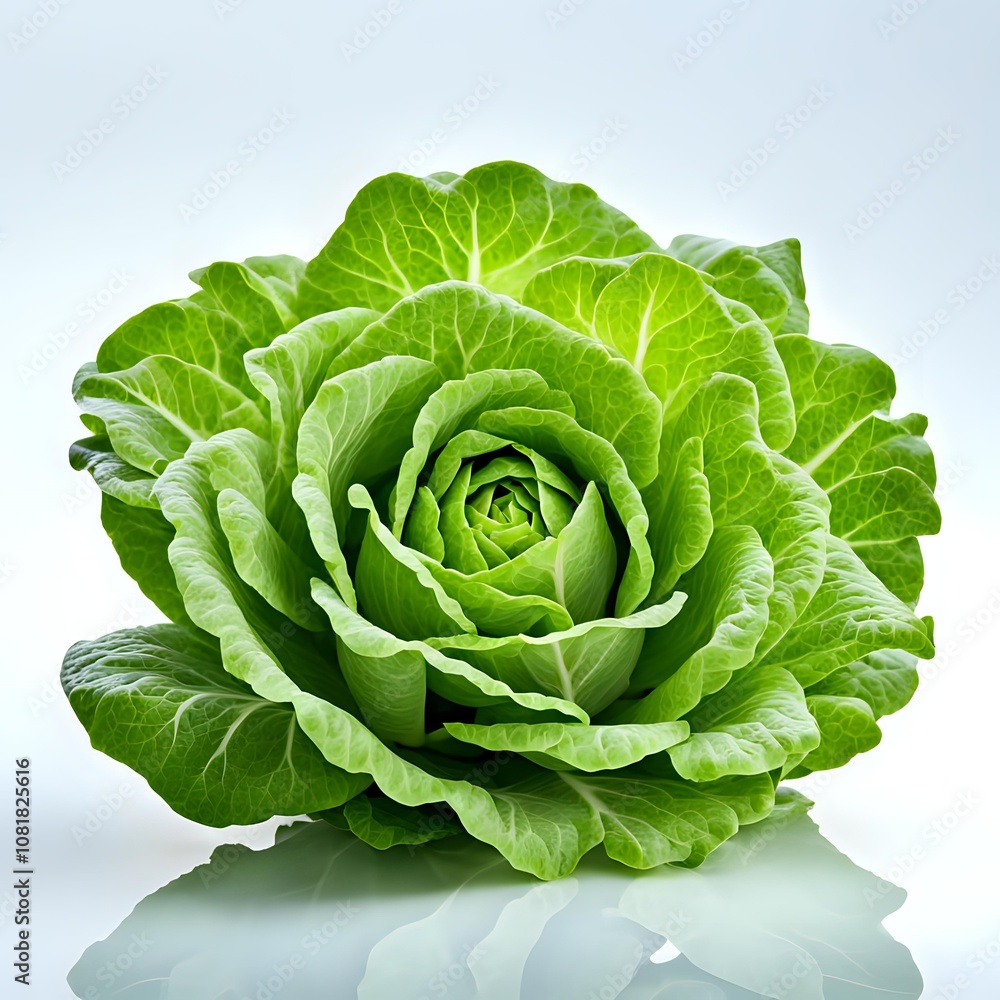 Obraz premium Fresh head of lettuce with layered leafy greens isolated on a white background