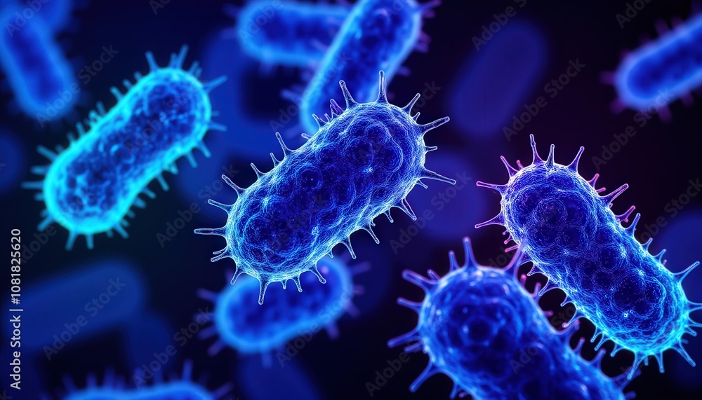Bacteria exposure risk. A vivid close-up of blue-tinted bacteria, showcasing their unique shapes and textures on a dark background, highlighting microbial life. Bacteria exposure risk. A vivid close-up of blue-tinted bacteria, showcasing their unique shapes and textures on a dark background, highlighting microbial life.