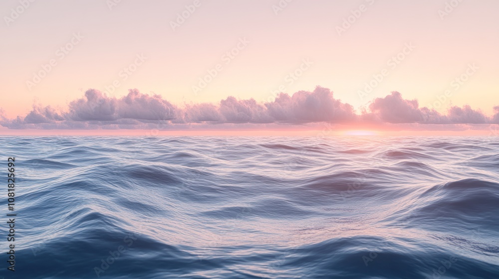 A peaceful seascape with a calm ocean and a soft, pink sunrise in the distance. A peaceful seascape with a calm ocean and a soft, pink sunrise in the distance.