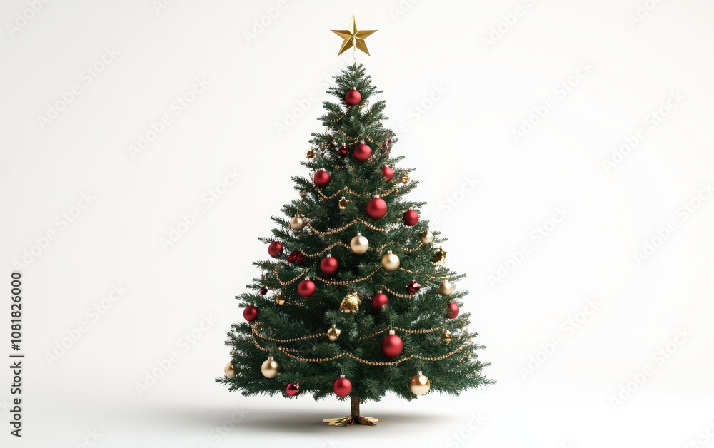 Classic Christmas Tree with Red and Gold Ornaments: A lush green Christmas tree adorned with classic red and gold ornaments, shimmering tinsel, and a golden star on top Classic Christmas Tree with Red and Gold Ornaments: A lush green Christmas tree adorned with classic red and gold ornaments, shimmering tinsel, and a golden star on top
