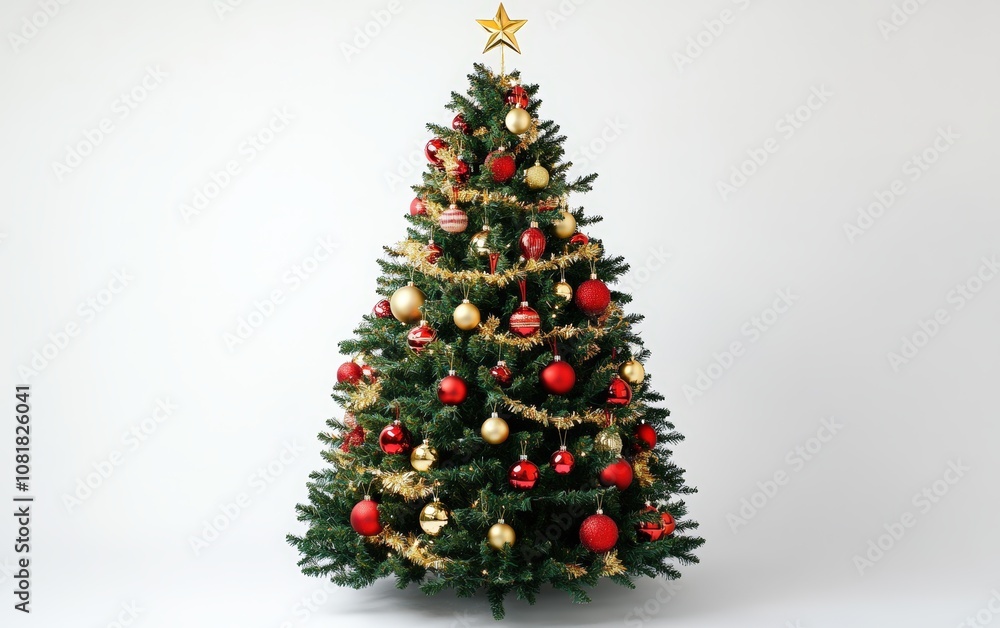 Classic Christmas Tree with Red and Gold Ornaments: A lush green Christmas tree adorned with classic red and gold ornaments, shimmering tinsel, and a golden star on top Classic Christmas Tree with Red and Gold Ornaments: A lush green Christmas tree adorned with classic red and gold ornaments, shimmering tinsel, and a golden star on top