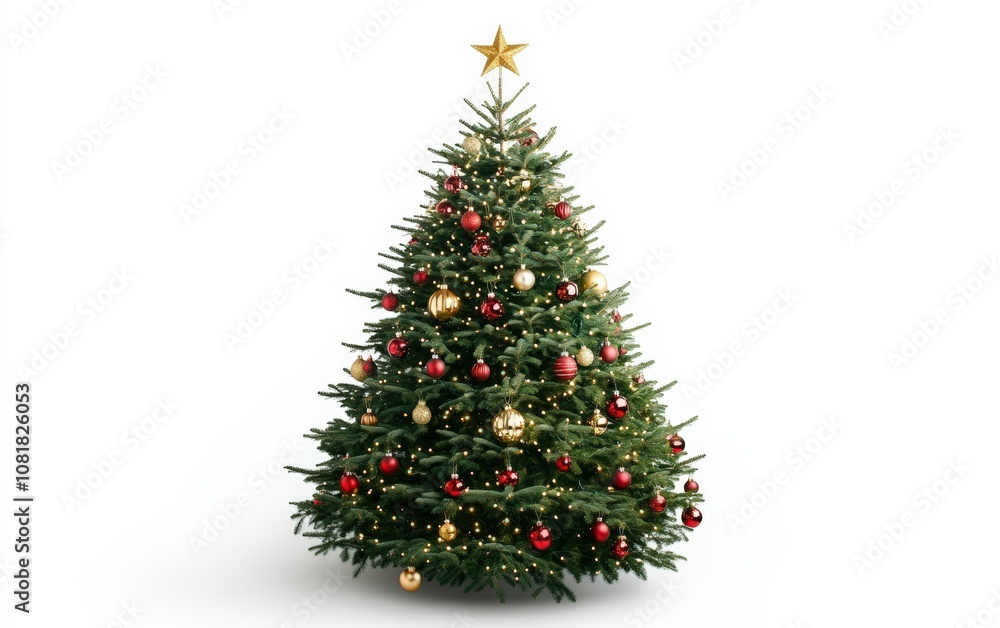 Classic Christmas Tree with Red and Gold Ornaments: A lush green Christmas tree adorned with classic red and gold ornaments, shimmering tinsel, and a golden star on top Classic Christmas Tree with Red and Gold Ornaments: A lush green Christmas tree adorned with classic red and gold ornaments, shimmering tinsel, and a golden star on top