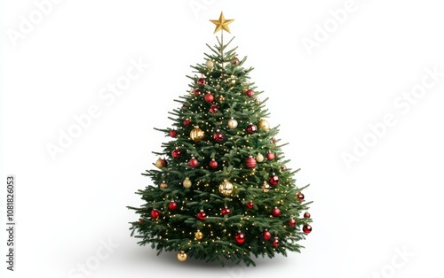 Classic Christmas Tree with Red and Gold Ornaments: A lush green Christmas tree adorned with classic red and gold ornaments, shimmering tinsel, and a golden star on top