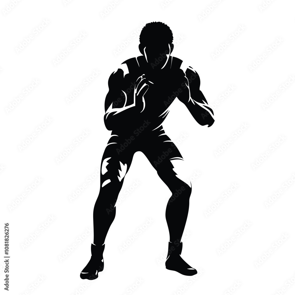 Naklejka premium A man is standing in a boxing ring. He is wearing a black shirt and black pants. He is holding his hands up in the air