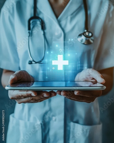 Healthcare professional using digital technology for patient care medical environment tablet interaction digital health concept