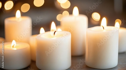 Burning white candles in dark lighting, creating a peaceful ambiance