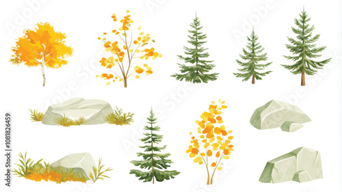 Set of watercolor trees isolated on white background. Vector illustration.